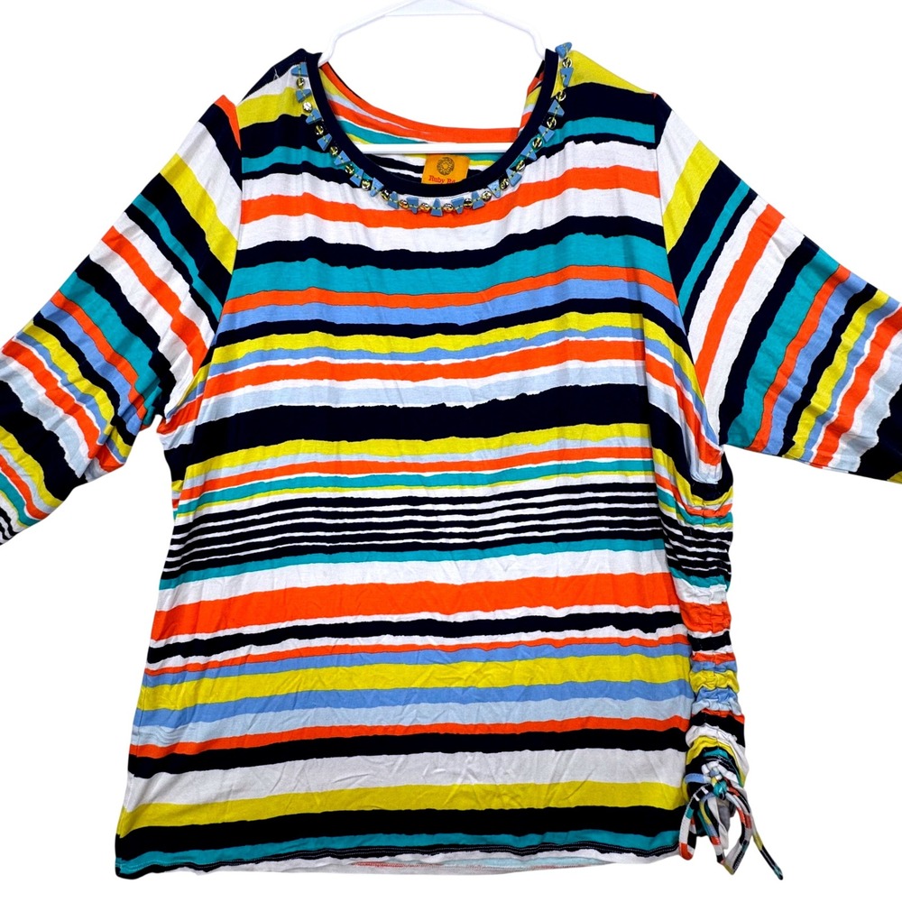 Ruby Rd Striped‎ Embellished Top Women 2X Multi-Color Ruched Coastal Nautical